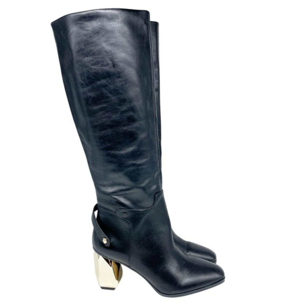 Franco Sarto Women's Tiera High Black Leather Gold Block Heel Tall Boots 8.5 M